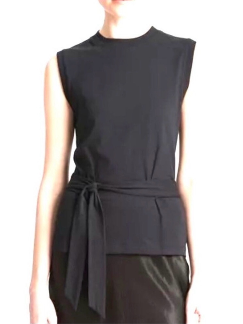 Vince Black Pima Cotton Sleeveless Wrap Tie Top Small Crew Neck Belted Tank